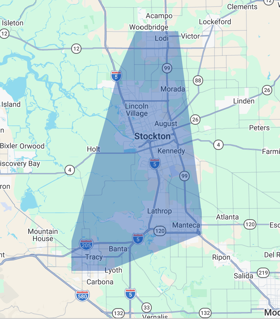 Map of the EZ Pools service area covering Stockton, Lodi, Lathrop, Manteca and Tracy